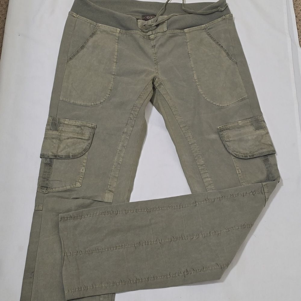 XCVI Green Utility Cargo Pants Small Ruched Cropped Cotton Stretch Casual Xs